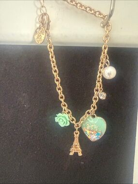 Gold Charm Necklace with Mint Heart, Eiffel Tower & Pearl